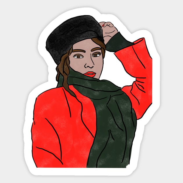 Lady in red coat with black hat, digital portrait painting. Sticker by Colzo Art